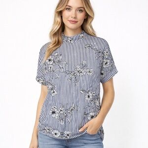 Striped Floral Blouse Small Blue White Mock Neck Stretch Top Womens